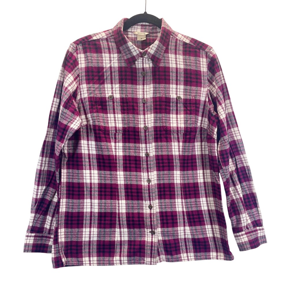 Duluth Trading Co Flannel Shirt Women M Burgundy White Plaid‎ Long Sleeve Cotton